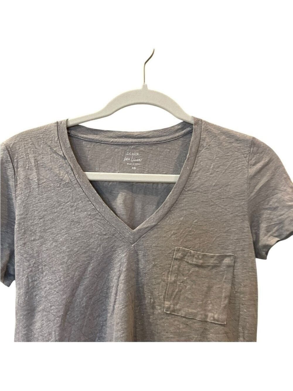 J. Crew Women’s Silver Shimmer Short Sleeve V-neck Shirt 100% Linen Size: XS - Picture 3 of 4